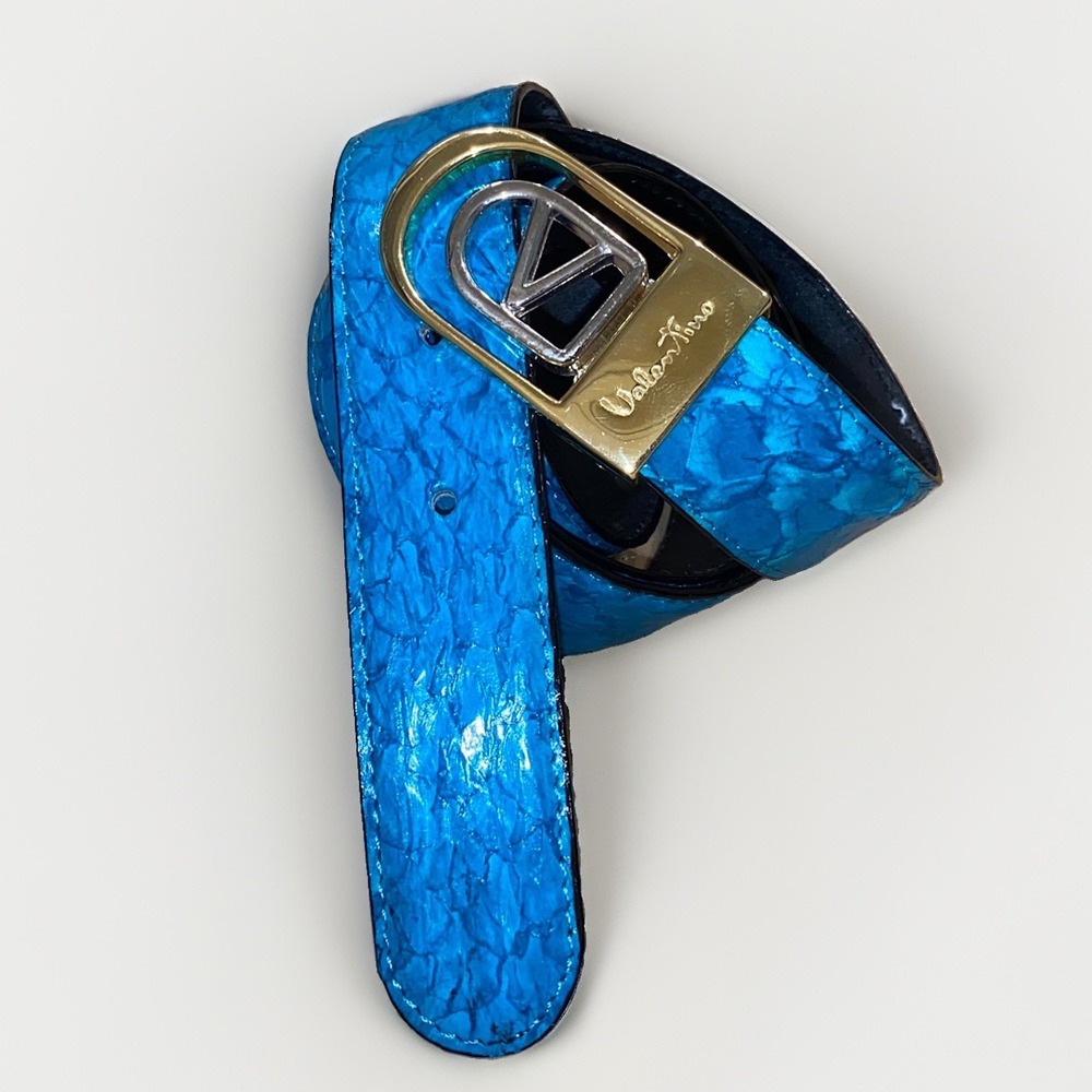 Valentino Mermaid Fish Leather Belt Turquoise Blue V Logo Buckle Size 42 105